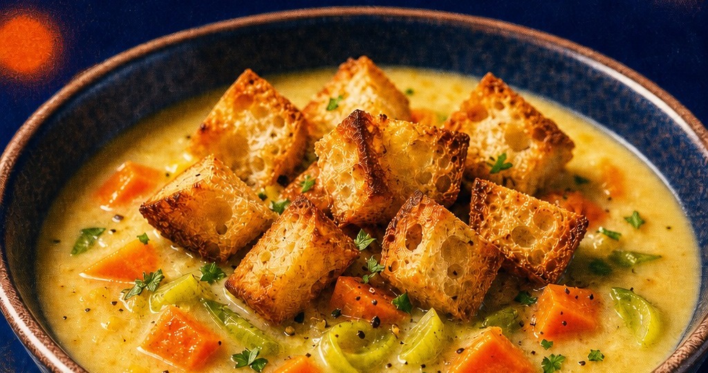 Hausgemachte Lauch-Möhren Creme mit Ciabatta Croûtons – Mittagstisch im Soul-Food.kitchen Bistro Lüdinghausen
